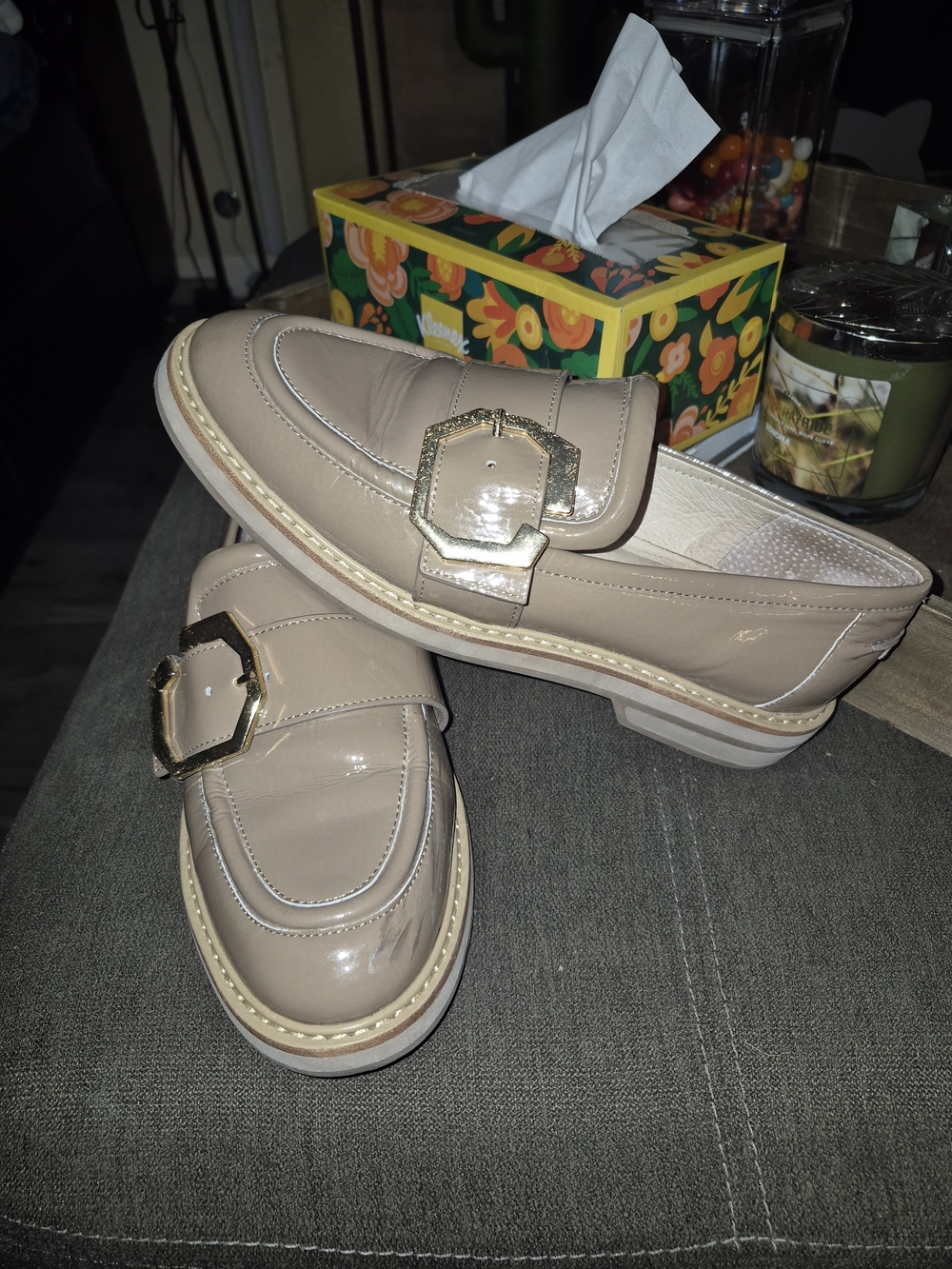 Classic Beige Patent Loafers with Gold Buckle - Louise  et CIE